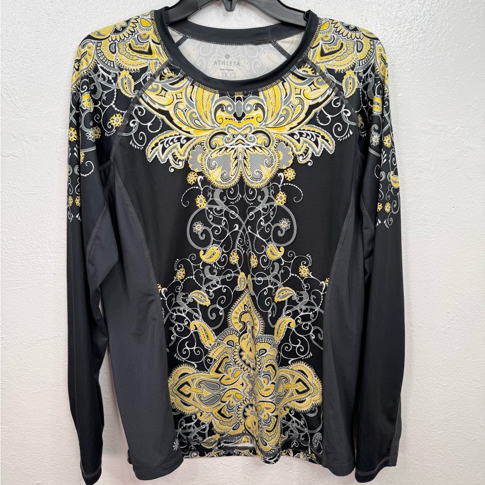 Athleta Runaway Top Womens Size L Black Yellow Paisley Print Long Sleeve